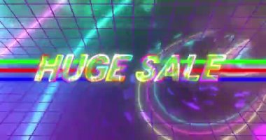 Neon tünelin üzerinde, kusursuz desenli, devasa bir metin afişi animasyonu. İndirim ve perakende iş konsepti