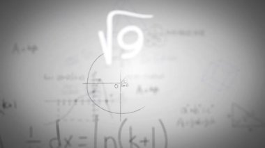 Beyaz tahta üzerinde bulanık ve yüzen matematiksel denklemlerin animasyonu. Dijital olarak üretilmiş, hologram, fizik, makine öğrenme, formül, öğretim ve eğitim kavramı.