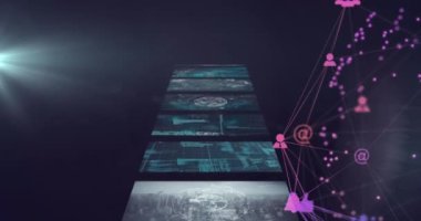 Ekranlarda veri işleme üzerine küre ve simgelerin animasyonu. Küresel bilim ve veri işleme kavramı dijital olarak oluşturulmuş video.