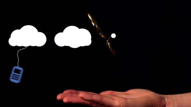 Animación Icono Digital Atado Los Iconos Nube Sobre Mano Volteando — Vídeos de Stock