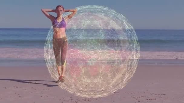 Анімація Мережі Язків Глобусу Через Практику Йоги Пляжі Концепція Глобальних — стокове відео