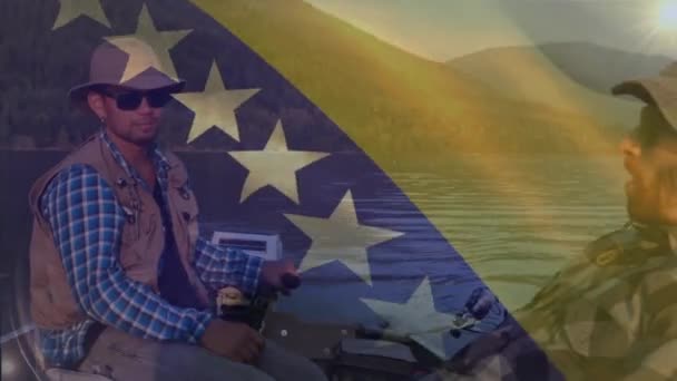 Animazione Della Bandiera Bosniaca Ermafrodita Uomini Caucasici Che Pescano Patriottismo — Video Stock