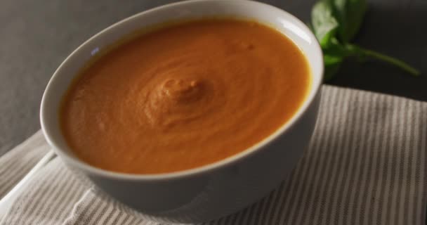 Vidéo Soupe Tomate Crème Dans Bol Sur Une Table Grise — Video