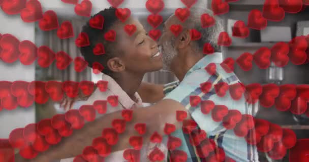 Animação Corações Sobre Pai Afro Americano Feliz Filha Adulta Abraçando — Vídeo de Stock