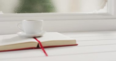 Buzlu ve karlı pencerenin üzerinde bir fincan sıcak kahve ve kitap videosu. Noel, gelenek ve kutlama konsepti.
