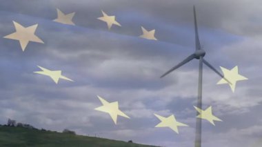 Rüzgar türbini üzerinde bayrak ve yıldırım animasyonu. Küresel iş, ekoloji ve dijital arayüz kavramı dijital olarak oluşturulmuş video.