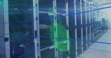 Animation of security padlock icon and data processing against computer server room. Cyber security and business data storage technology concept