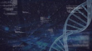 Veri işlemenin animasyonu ve gözünün üzerinde dünya olan DNA ipliği. Küresel bilim araştırmaları ve teknoloji konsepti dijital olarak üretilen video.