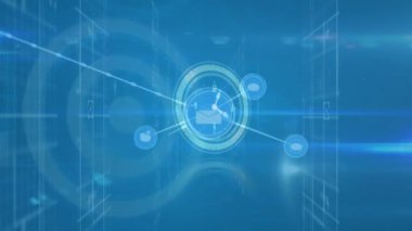 Çizgilerle kesişen uygulama simgelerinin canlandırılması, soyut arkaplan üzerinde dijital saat. Dijital olarak üretilmiş, hologram, zaman, geri sayım, iletişim ve teknoloji konsepti.