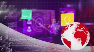 Deponun üzerinde veri işleme ile dönen dünyanın animasyonu. Küresel bağlantılar iş dünyası dijital arayüz teknolojisi ve dijital olarak oluşturulan ağ konsepti.