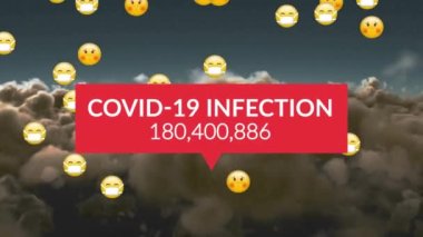 Covid 19 enfeksiyon metnin animasyonu ve bulutların üzerindeki emojilerle birlikte artan sayı. covid pandemik konsept sırasında dijital video oluşturulmuş iletişim ve dijital arayüz.