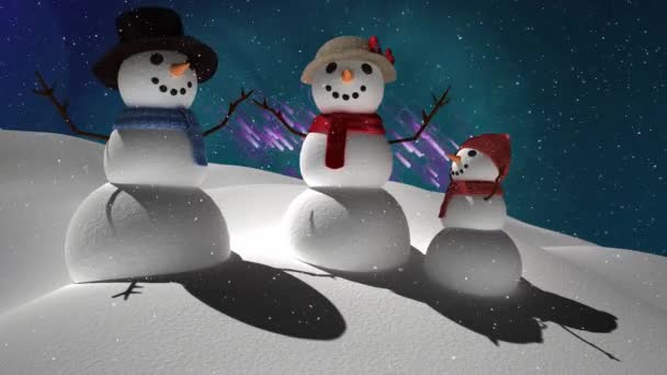 雪だるまや冬の風景の家族の上に雪の秋のアニメーション クリスマス お祝いのコンセプトデジタル生成ビデオ — ストック動画