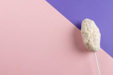 Çubukta ev yapımı beyaz şeker diş ipinin yatay görüntüsü. Pembe ve mor üzerinde fotokopi alanı var. Lezzetli ev yapımı tatlı yiyecekler..