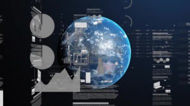 Galakside dönen dünya üzerinde işlem panosu, veri, grafik ve zamanlayıcı animasyonu. Dijital olarak üretilmiş, hologram, küreselleşme, borsa, rapor, finans, yatırım ve teknoloji kavramı.