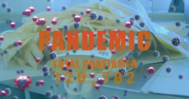 Virüs hücrelerinin ve salgın metnin laboratuardaki çantalarda canlandırılması. Dijital olarak oluşturulmuş küresel salgın ve dijital arayüz kavramı.