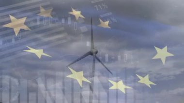 eu bayrağı animasyonu ve rüzgar türbini üzerinde veri işleme. Küresel iş, ekoloji ve dijital arayüz kavramı dijital olarak oluşturulmuş video.