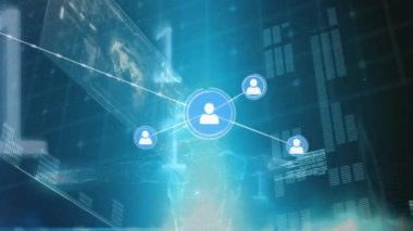 İkili kodlama ve veri işleme ile bağlantı ağının animasyonu. Dijital olarak oluşturulmuş küresel bağlantılar, ağlar ve veri işleme kavramı.