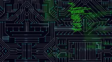 Siyah arkaplandaki veri işleme üzerinde bilgisayar devre kartının animasyonu. Küresel teknoloji, bağlantılar ve dijital arayüz konsepti dijital olarak oluşturulmuş video.