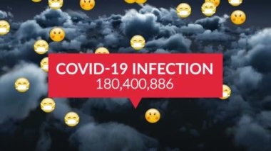 Covid 19 enfeksiyon metnin animasyonu ve bulutların üzerindeki emojilerle birlikte artan sayı. covid pandemik konsept sırasında dijital video oluşturulmuş iletişim ve dijital arayüz.
