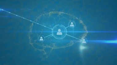 Mavi arka planda dönen insan beyni üzerindeki profil simgelerinin animasyonu. Küresel ağ ve iş teknolojisi kavramı