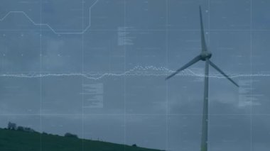 Rüzgâr türbini ve gökyüzü üzerinde bulutlarla işlenen veri animasyonu. küresel teknoloji ve veri işleme kavramı dijital olarak oluşturulmuş video.