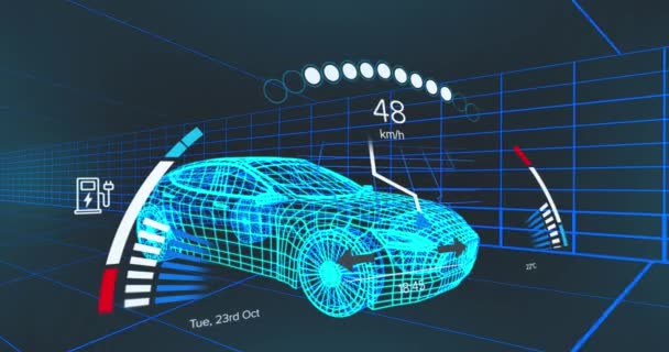 Анімація Спідометра Над Моделлю Автомобіля Рухається Синьому Фоні Автомобільна Інженерія — стокове відео