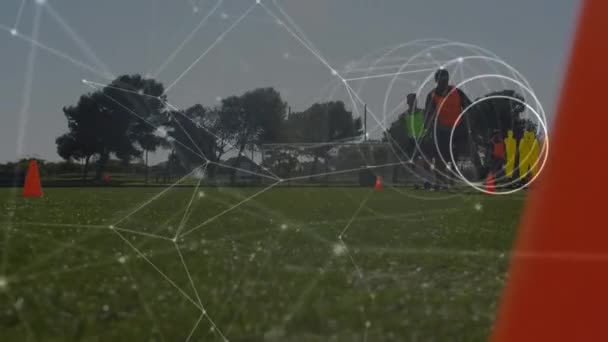 多様なサッカー選手の接続のネットワークのアニメーション グローバル接続 スポーツ デジタルインターフェイスの概念デジタル生成されたビデオ — ストック動画