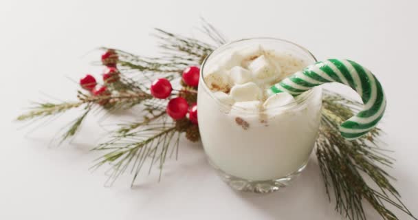白い背景の上にマシュマロとホットミルクのカップのビデオ クリスマス お祝いのコンセプト — ストック動画