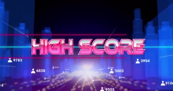 Animation Von Highscore Textbanner Und Profilsymbolen Über Lichtwege Gegen Stadtmodell — Stockvideo