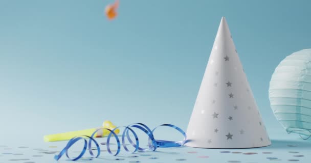 Vidéo Chapeau Fête Blanc Avec Banderole Confettis Tombants Sur Fond — Video