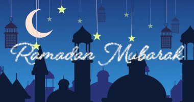 Sayısal olarak, cami siluetlerinin mavi arkaplanı ve sarı yıldızlı siyah fenerler ile beyaz ay şeklinde hilal şeklinde sallanan gümüş rengi Mübarek bayramının resmi.