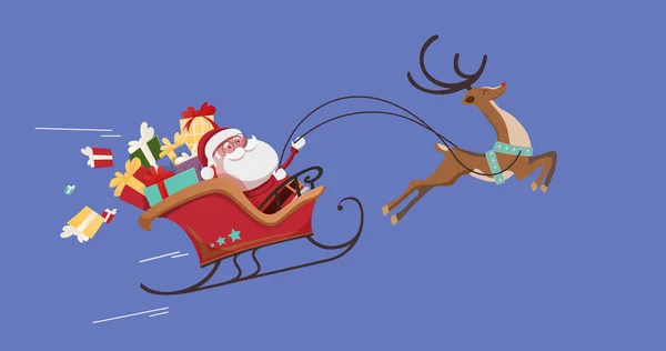 Composition Santa Claus Christmas Presents Sleigh Reindeer Purple Background Christmas — Stock Photo, Image