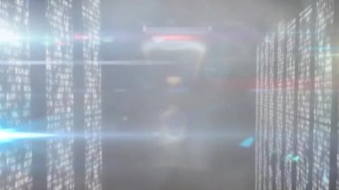 Siyah arkaplanda hareket eden kolonların üzerindeki ışık ve noktaların animasyonu. Soyut arkaplan, ışık ve hareket kavramı dijital olarak oluşturulmuş video.