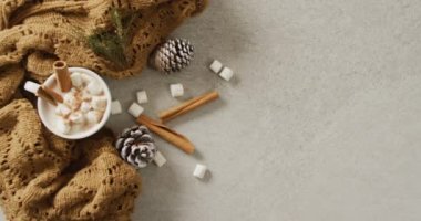 Gri arkaplanlı ılık battaniyeli sıcak çikolata kaseti. Noel, gelenek ve kutlama konsepti.