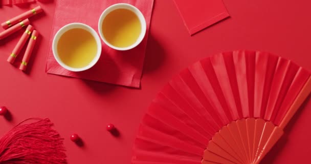 赤い背景に赤い中国の装飾のビデオ 中国の旧正月 伝統とお祝いの概念 — ストック動画
