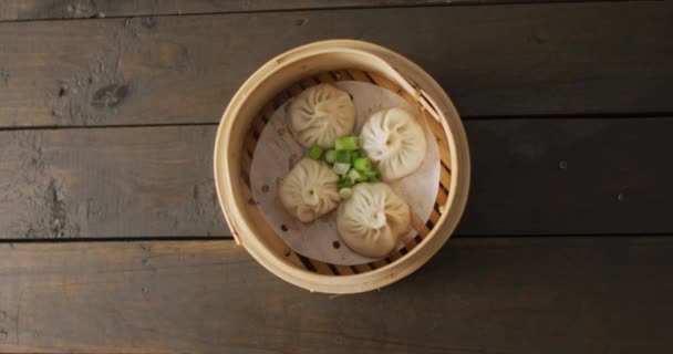 Composition Bamboo Steamer Dim Sum Dumplings Wooden Background Food Drink — Stock Video