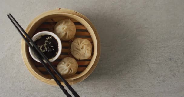 Composition Bamboo Steamer Dim Sum Dumplings Chopstick Soy Sauce Grey — Stock Video