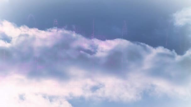 Анімація Фіолетових Цифрових Хвиль Проти Хмар Небі Комп Ютерний Інтерфейс — стокове відео