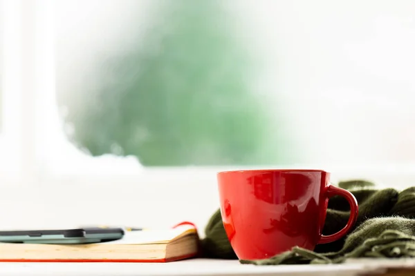 Taza Café Caliente Libro Sobre Ventana Congelada Nevada Navidad Tradición —  Fotos de Stock