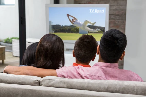 Vista Trasera Familia Feliz Viendo Televisión Sofá —  Fotos de Stock