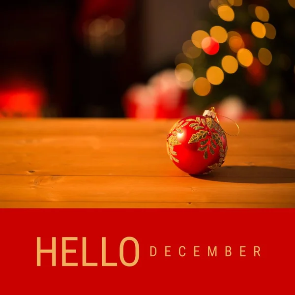 Composição Texto Olá Dezembro Sobre Bugigangas Natal Conceito Inverno Celebração — Fotografia de Stock