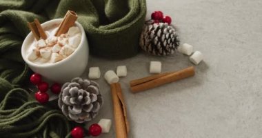 Gri arkaplanlı ılık battaniyeli sıcak çikolata kaseti. Noel, gelenek ve kutlama konsepti.