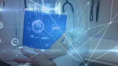 Animation of network of connections over portrait of caucasian female doctor smiling at hospital. Medical healthcare and technology concept