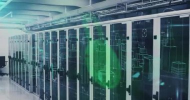 Bilgisayar sunucu odasında dönen 3D şehir modeli üzerindeki güvenlik asma kilit simgesinin animasyonu. Siber güvenlik ve iş veri depolama teknolojisi kavramı