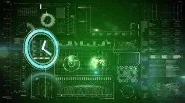 Yeşil arkaplana karşı veri işleme ile dijital arayüz üzerinde neon tik saatin animasyonu. Bilgisayar arayüzü ve iş teknolojisi kavramı