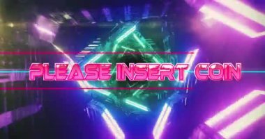 Lütfen neon yeşil ve pembe parlayan tünelin üzerine pürüzsüz bir şekilde bozuk para metni yerleştirin. Video oyunu arayüzü ve teknoloji kavramı