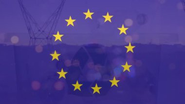 Bayrağın üzerindeki manzara animasyonu. Dijital olarak oluşturulmuş küresel mali ve veri işleme kavramı.