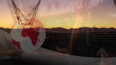 Sütunların üzerinde küre ve okların animasyonu. Küresel teknoloji, finans ve dijital arayüz kavramı dijital olarak oluşturulmuş video.
