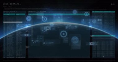 Mavi zemin üzerinde dünya ile veri işleme ile dijital arayüz. küresel ağ ve teknoloji kavramı