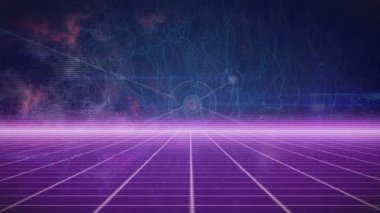 Mor şebekeye karşı bağlantı ağının animasyonu ve parlayan dijital dalgalar. Küresel ağ ve iş teknolojisi kavramı